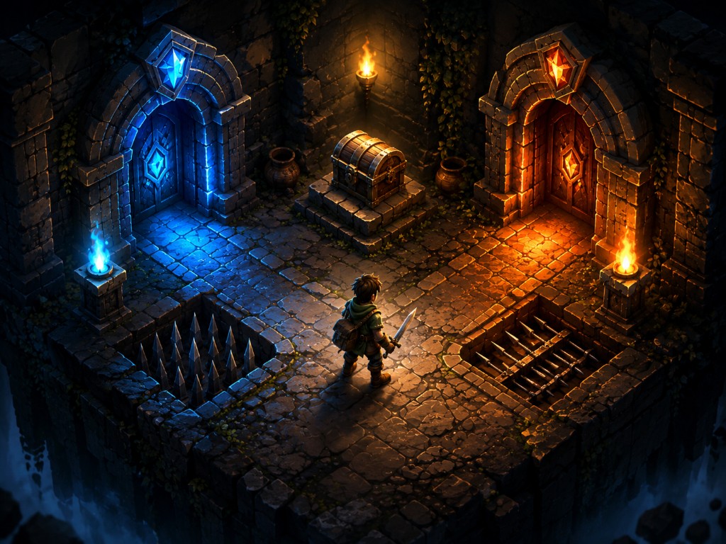 Decision Dungeon mission preview — adventurer choosing between blue and orange dungeon doors.