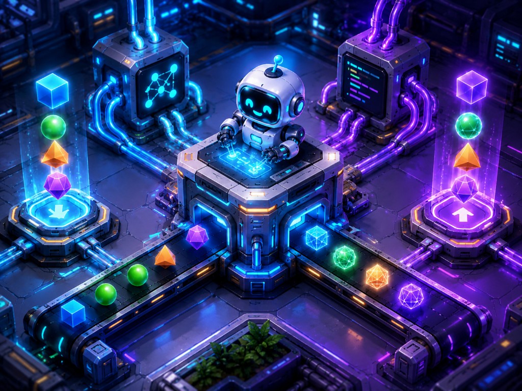 Function Robot mission preview — robot factory with conveyor belts and glowing input-output pads.