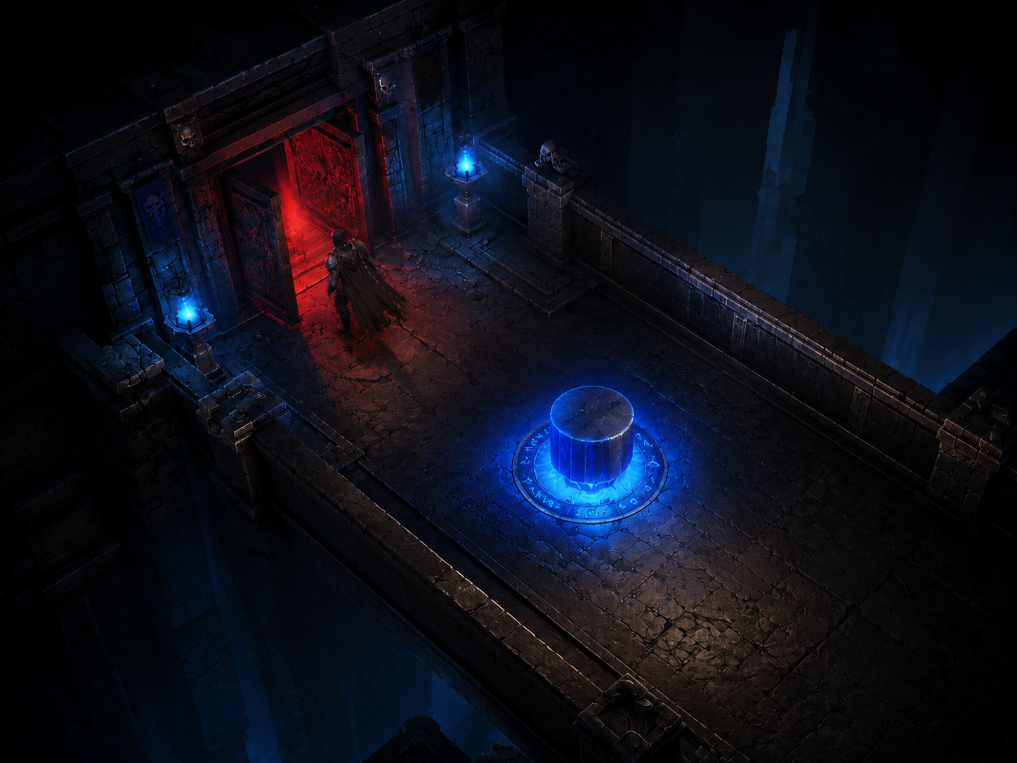Output Dungeon mission preview — dungeon corridor with glowing puzzle terminals.